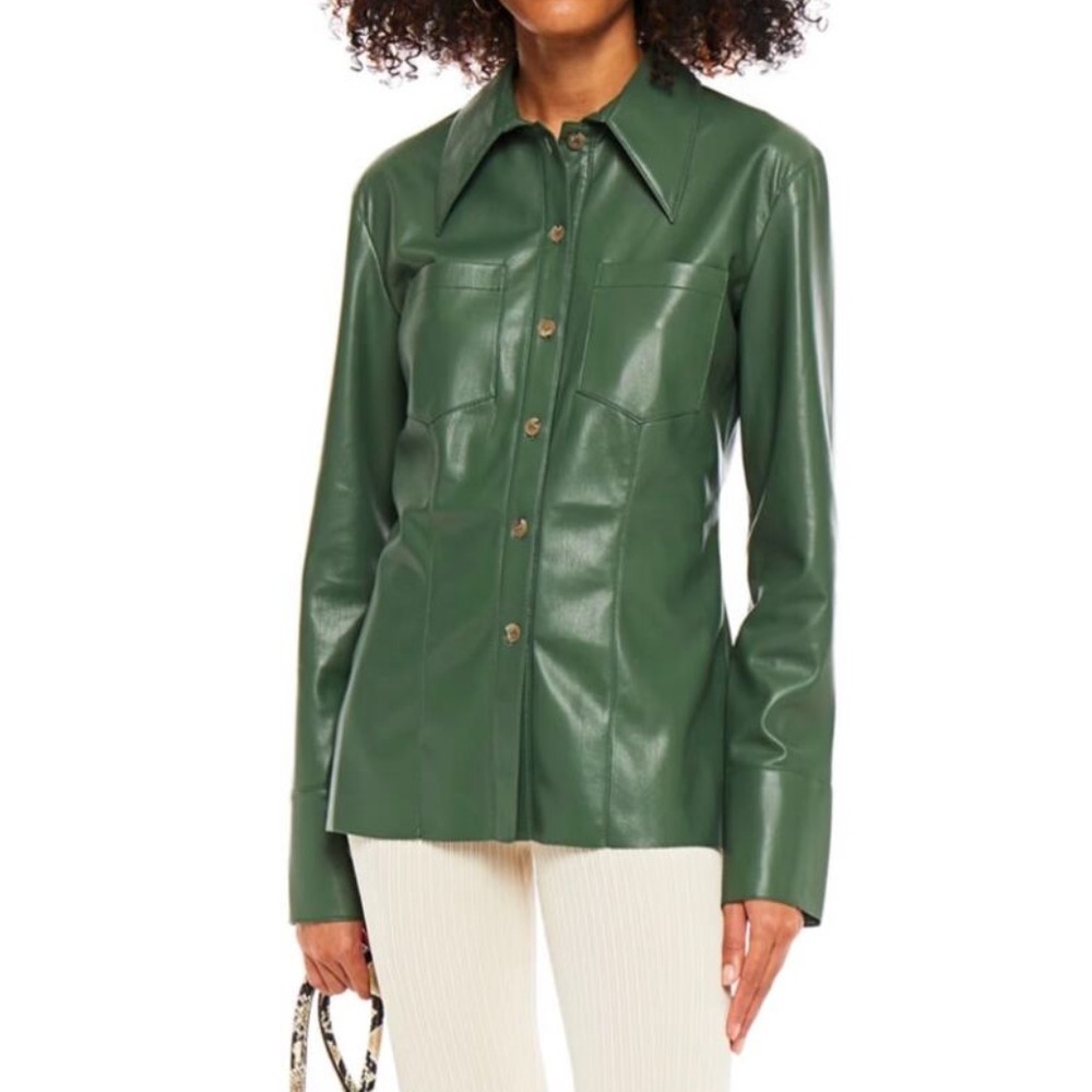 New Nanushka Tippi Vegan Leather Shacket in Bottle Green
